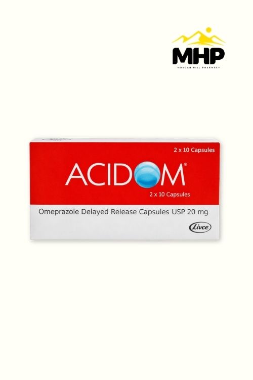 ACIDOM Capsules on white backgroundMHPW Acidom (Omeprazole) 20Mg Capsule 20'S Luex