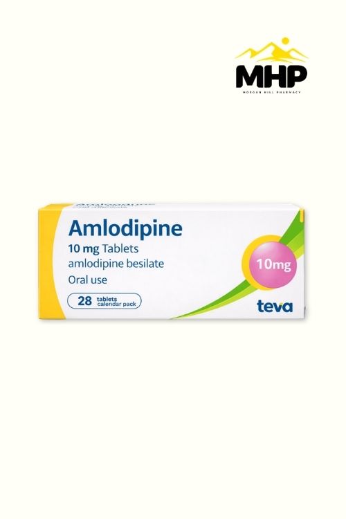 Amlodipine 10 mg tablet box close-upMHPW Amlodipine 10Mg Tablet 28'S Teva